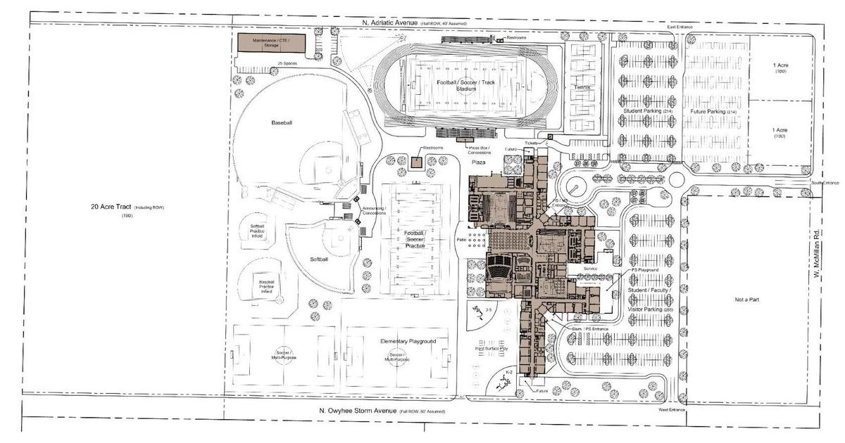 Cole Valley Christian Schools purchased 72 acres of land at 7080 W. McMillan Road for a new campus. The school building for all grades will sit near the center. The eastern half of campus will include more than 500 parking spots. The western half will feature a football and soccer stadium surrounded by a running track, baseball, softball and practice fields, an elementary playground and a hard surface play area.