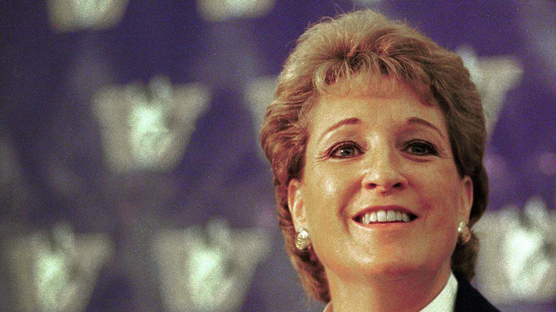 In this file photo, University of Washington women’s basketball coach June Daugherty speaks to the media on Oct. 27, 1998. Daugherty, who also coached at Boise State and Washington State, died Aug. 2 at the age of 64.