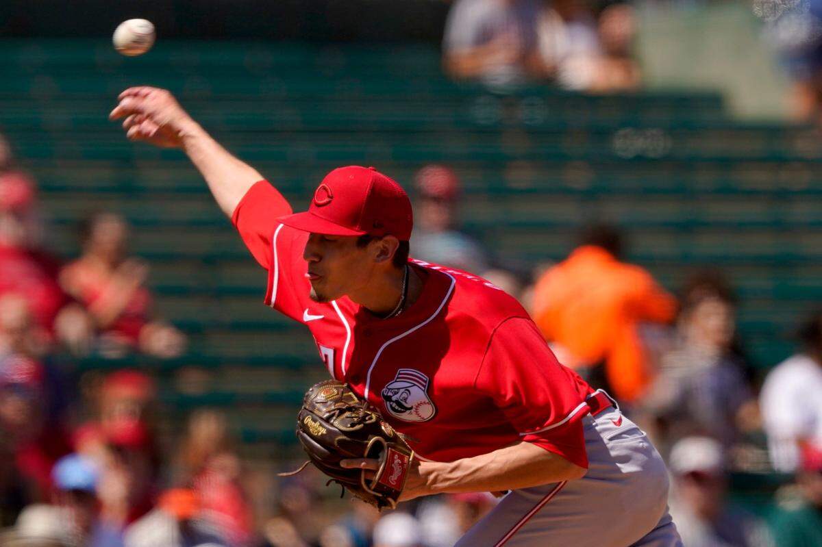 Cincinnati Reds starting pitcher Riley O’Brien throws against the Los Angeles Angels during the first inning of a spring training game April 1 in Tempe, Arizona.