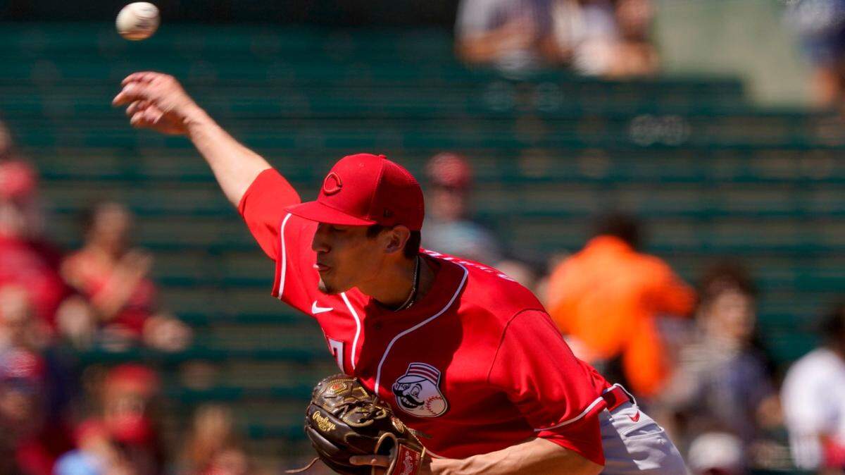 Cincinnati Reds starting pitcher Riley O’Brien throws against the Los Angeles Angels during the first inning of a spring training game April 1 in Tempe, Arizona.