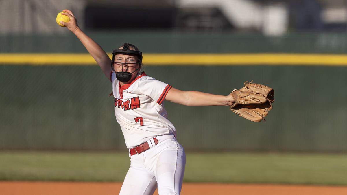 Owyhee sophomore Hailey Bock pitches in the second inning of their 6A District Three softball tournament semifinals game against Mountain View at Owyhee, Tuesday, May 5, 2026.