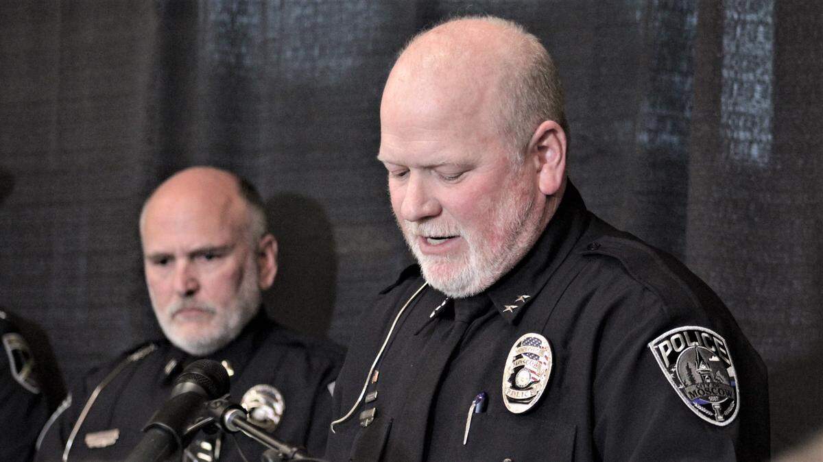 Moscow, Idaho, Police Chief James Fry, right, speaks at a news conference Sunday in Moscow on progress in the investigation of the Nov. 13 stabbing deaths of four University of Idaho students at an off-campus house. At left is Moscow police Capt. Roger Lanier.