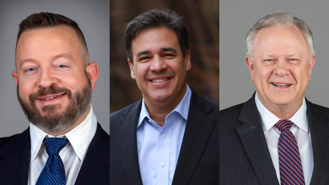 Canyon County Prosecutor Bryan Taylor said he found no evidence Ada County Commissioners Ryan Davidson, left, and Rod Beck, right, violated open meeting law when they selected Raúl Labrador, middle, for the Central District Health board.