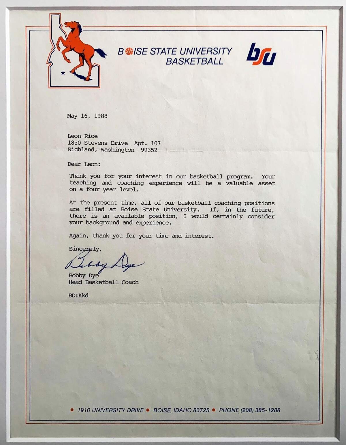 Leon Rice still has the rejection letter he received from then-Boise State head coach Bobby Dye in 1988. On Saturday, Rice passed Dye’s program record for wins.