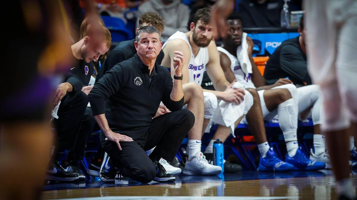 Boise State men’s basketball coach Leon Rice directs the Broncos against Prairie View A&M in a 97-60 home win Friday, Dec. 10, 2021 at ExtraMile Arena in Boise.