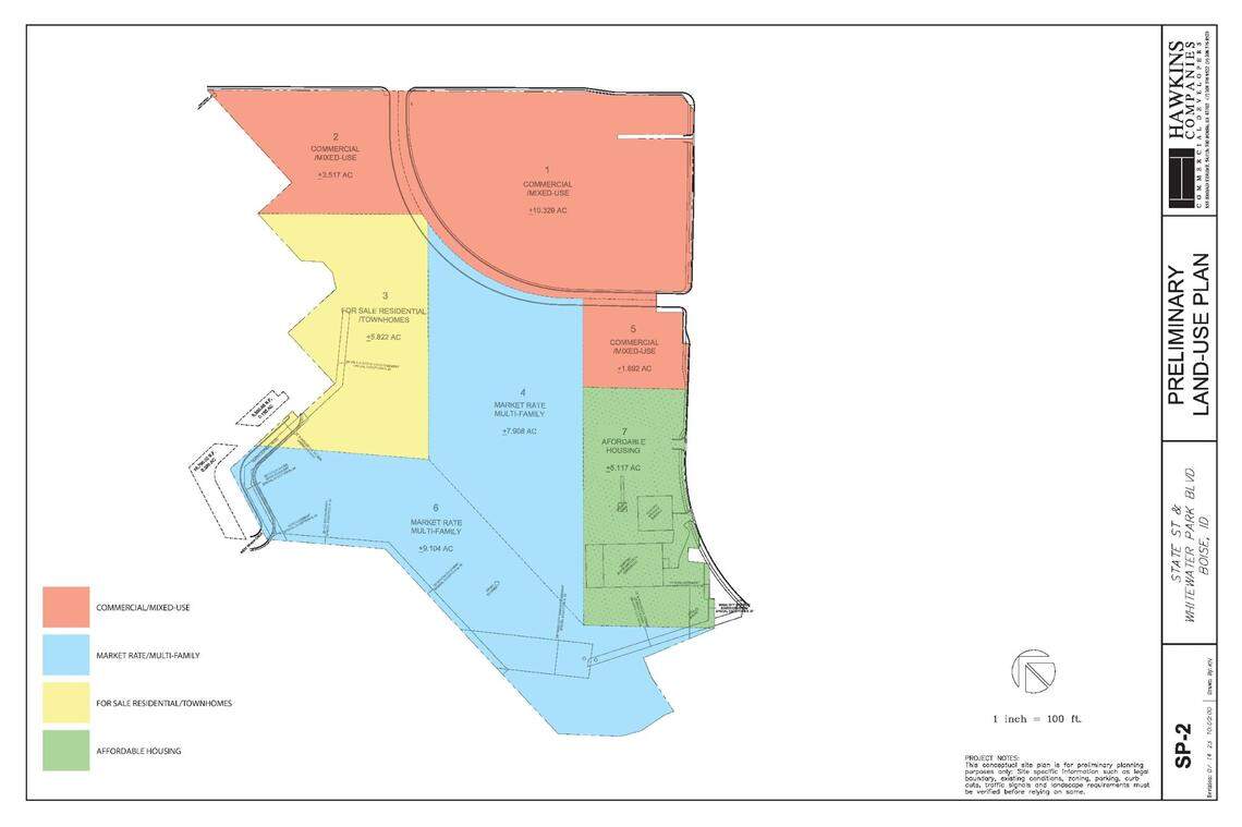 This map shows a potential site plan from the developers for the ITD campus with commercial development at the top, affordable housing at bottom right, apartments in the center, and homes for sale at left.