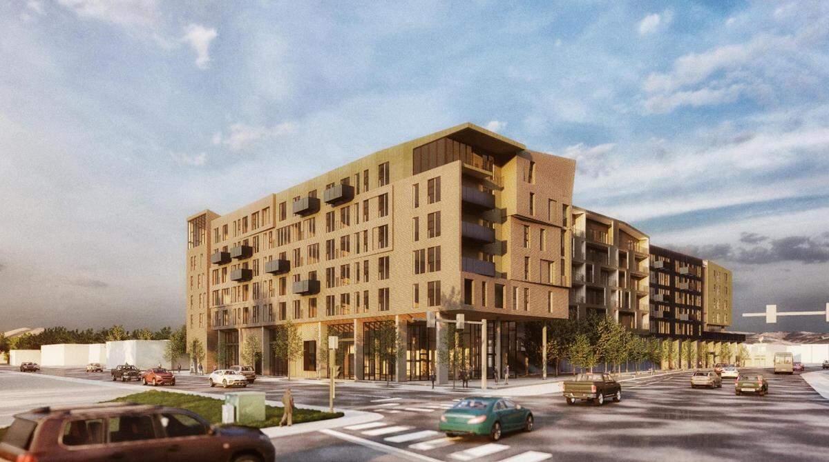 A rendering from 2022 from the northeast corner of West Fairview Avenue and North 27th Street shows the proposed seven-story Local Boise Fairview apartment building.