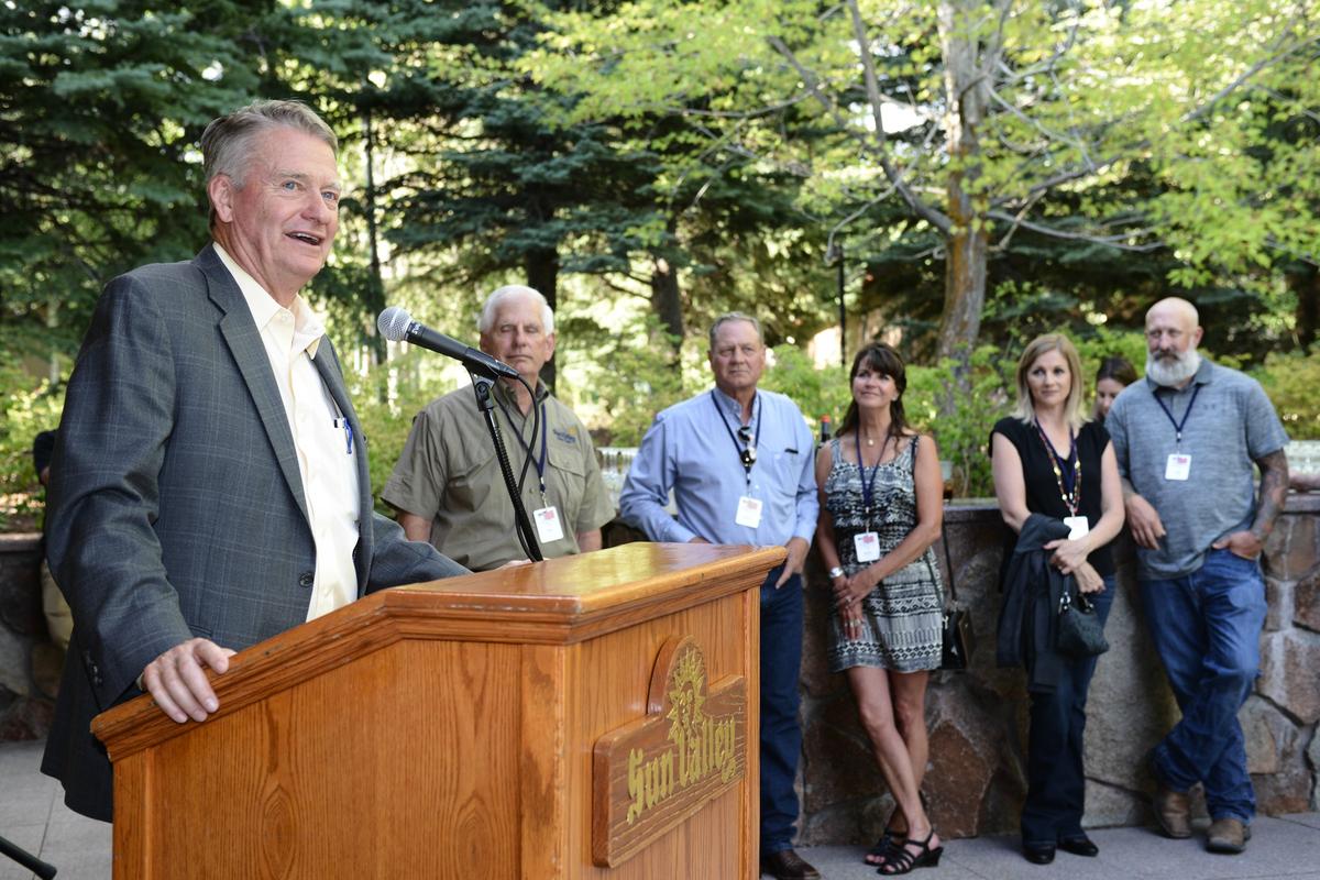 Idaho Gov. Brad Little speaks at the annual Idaho Governor’s Cup scholarship fundraiser, tournament and social event in Sun Valley.
