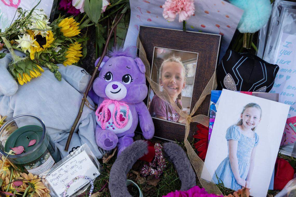 A memorial to Mora Gerety, a child who was killed by a vehicle while crossing the street, is set up at the intersection of Harrison Blvd. and Ada St. in Boise.