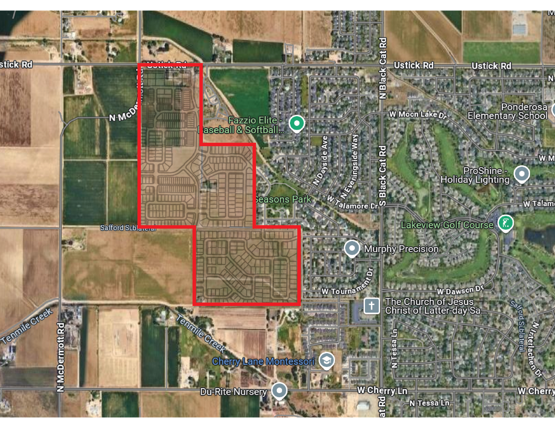 The outline shows where the proposed Dayspring subdivision would be located, roughly a quarter mile east of McDermott Road and south of Ustick Road, using Google Maps and application materials filed with the city of Meridian. Inside the outline shows what the arrangement of the subdivision could look like, based on a vicinity map submitted to the city by Toll Brothers and ESE Consultants, its Meridian planning and design subsidiary.