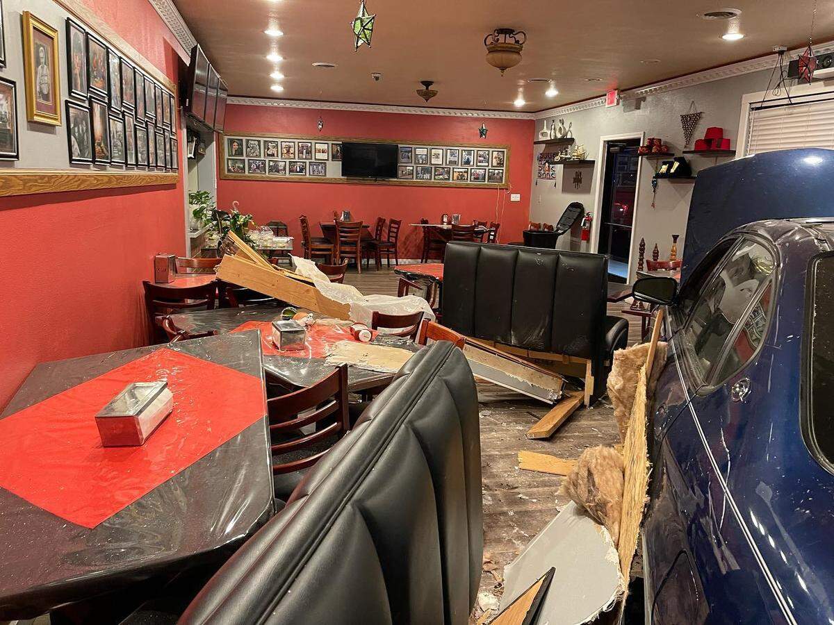 The vehicle damaged items within the restaurant.