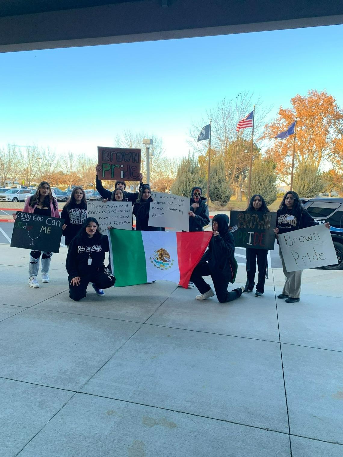 Brenda Hernandez organized a protest Tuesday at Caldwell High School after teachers and the principal asked that she remove her “Brown Pride” hoodie. Hernandez said she is proud to be Mexican-American, and she feels the school falsely associated her clothing with gangs.