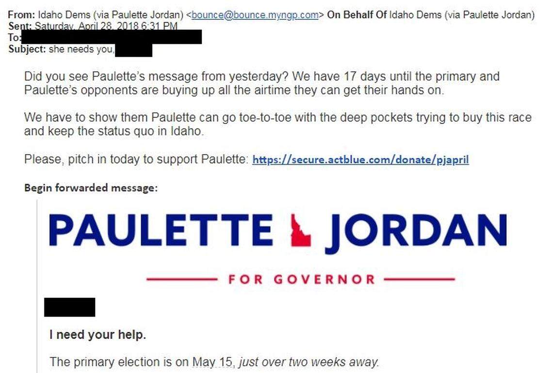 A screenshot of an April 28, 2018 fundraising email sent by Paulette Jordan's campaign. The framing of the message caused complaints within the Idaho Democratic Party, which cannot be seen as favoring one Democratic primary candidate over another.