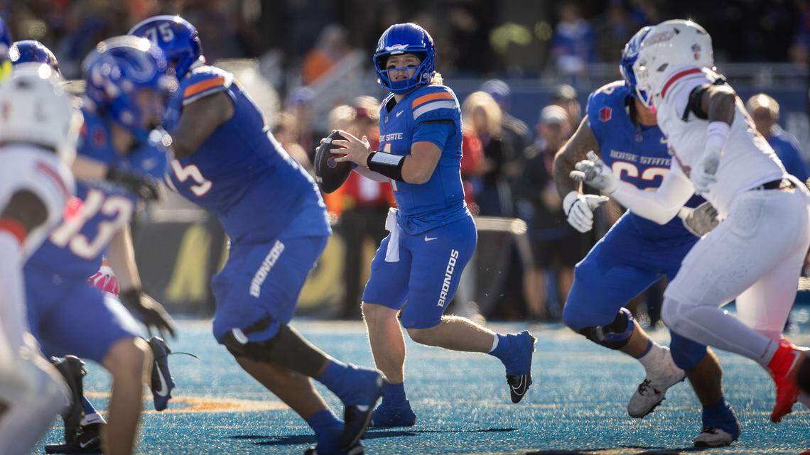 Boise State quarterback Maddux Madsen has time to throw in the regular season win over UNLV in October. Madsen threw four touchdown passes in that game, and he’s back playing this week after missing a month with an injury.