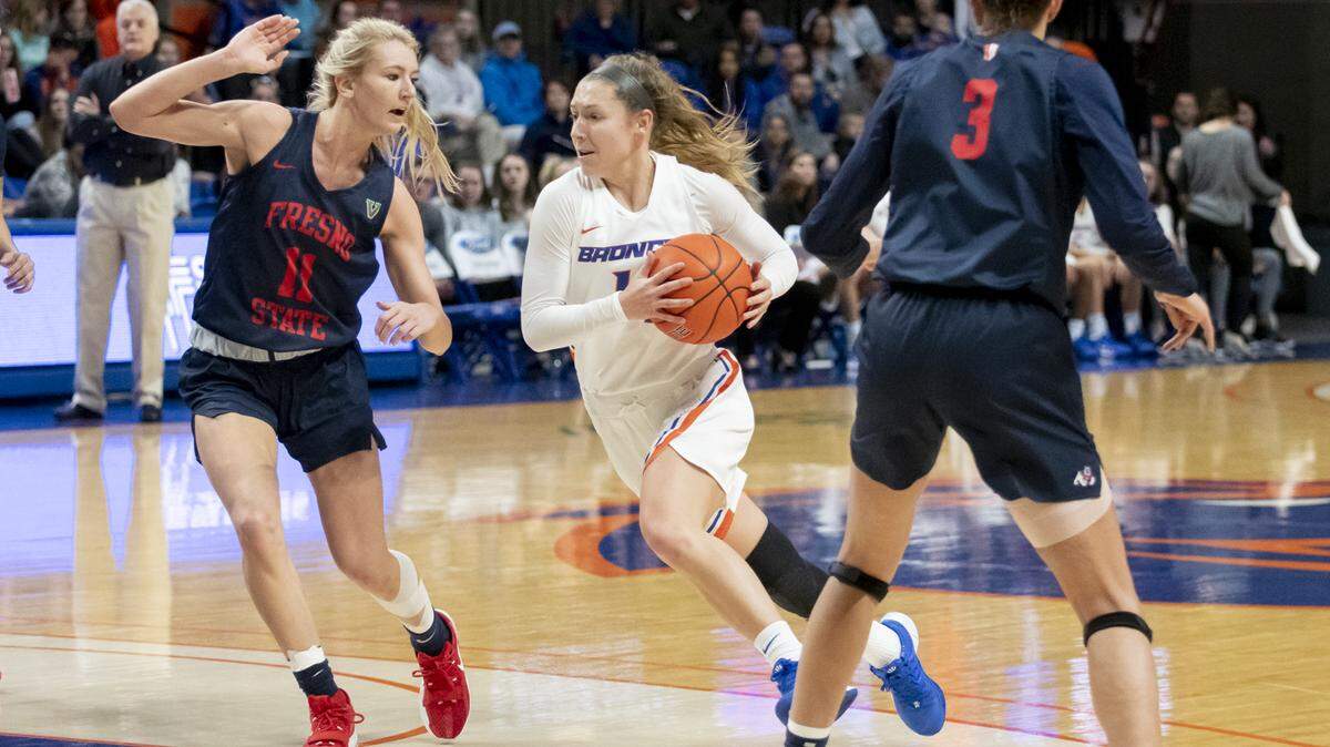 Boise State guard Braydey Hodgins drives against Fresno State during the Broncos’ 85-80 loss on Saturday at ExtraMile Arena in Boise.