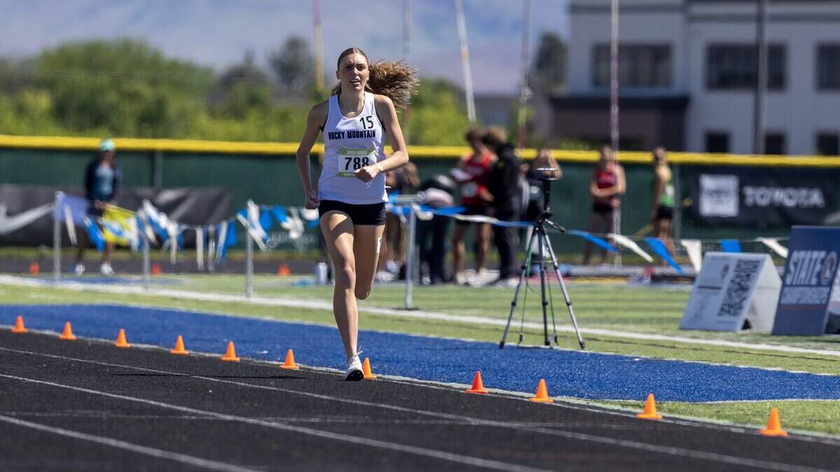 Rocky Mountain's Hallie Heemeyer leads in the 6A girls 1600 meter race at the IHSAA 6A/5A Track and Field Championships, Friday, May 15, 2026 at Mountain View High School.