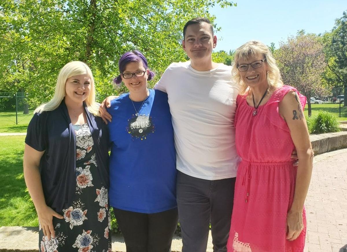 Jordan Hodges describes his sister, Katelyn Hodge, blue shirt, as sweet and loving and empathetic - except when something sets her off. “It’s the cry of our hearts to find a safe place for her to live,” he said. The family: Kassy Lampman, left; Katelyn, Jordan and Renee Williams, mother.