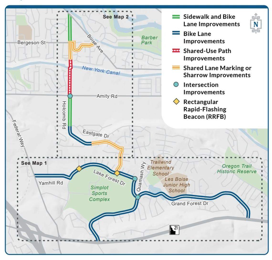 The Ada County Highway District is considering $2.1 million in improvements to four roads in Columbia Village (bottom of map) and three just north of the subdivision. The goals are to improve safety and accessibility for bicyclists and pedestrians.