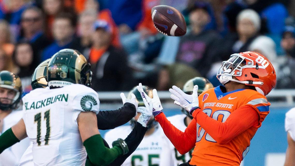Boise State wide receiver Eric McAlister catches long pass along the Colorado State sideline in the 2nd quarter, Saturday, Oct. 29, 2022, at Albertsons Stadium in Boise.