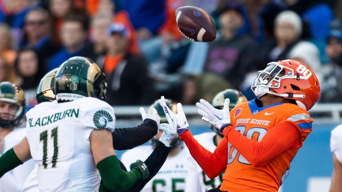 Boise State wide receiver Eric McAlister catches long pass along the Colorado State sideline in the 2nd quarter, Saturday, Oct. 29, 2022, at Albertsons Stadium in Boise.