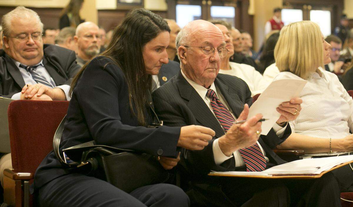 Rep. Ilana Rubel, D-Boise, left, talks in 2015 with Bill Roden, a former state lawmaker who was among the original cosponsors of Idaho’s first civil rights law in 1961. Hundreds of people signed up to speak to the House State Affairs Committee about a bill to add the words “sexual identity” and “gender identification” to the Human Rights Act. The legislation had been denied a hearing for nine years until then.