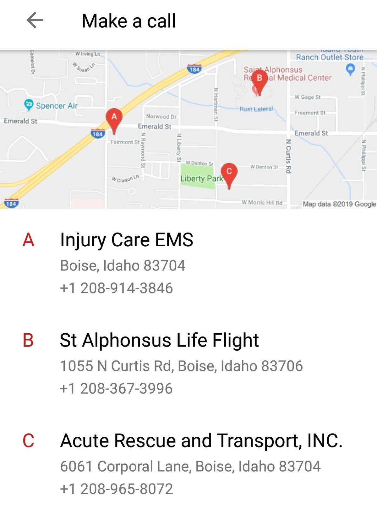 An Idaho Statesman reporter asked an Android phone to “call an ambulance.” Instead of dialing 9-1-1, the phone provided this list of private ambulance companies, which do not respond to typical medical emergencies.