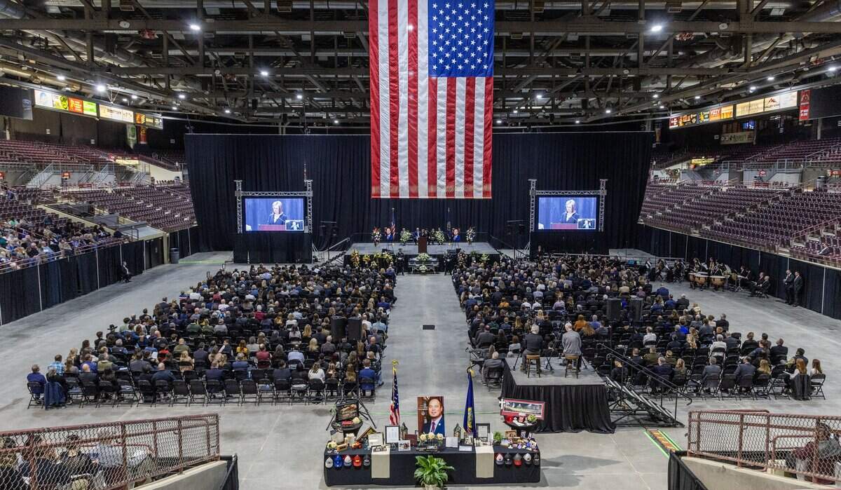 A memorial honoring Mayor Rick Hogaboam, who died unexpectedly during March 18, is eulogized and honored by hundreds attending the memorial at at Ford Idaho Center, in Nampa, Tuesday, March 31, 2026.