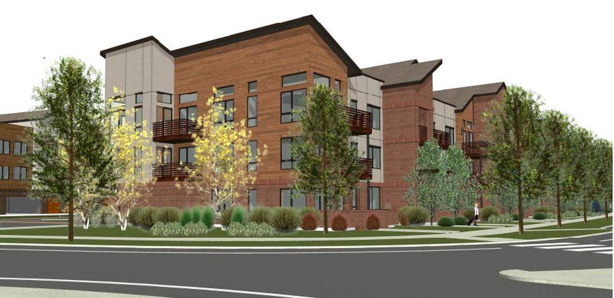 An apartment complex planned at Harris Ranch would have nine buildings with 20 to 30 apartments in each. This artist’s rendering looks northeast from a traffic circle along East Warm Springs Avenue and South Wise Way.
