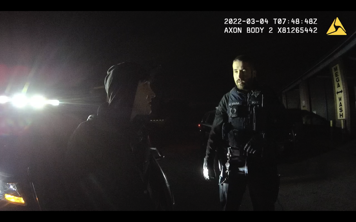 Boise Police Officer Craig Sousa questions Boise resident Luke Schuchardt outside Snake River Car Wash in March 2022 after detaining him for loitering. Schuchardt has now filed a lawsuit against the city, Sousa and another officer after alleging they violated his Fourth Amendment rights by using the city’s loitering ordinance to conduct an “unlawful” drug search.