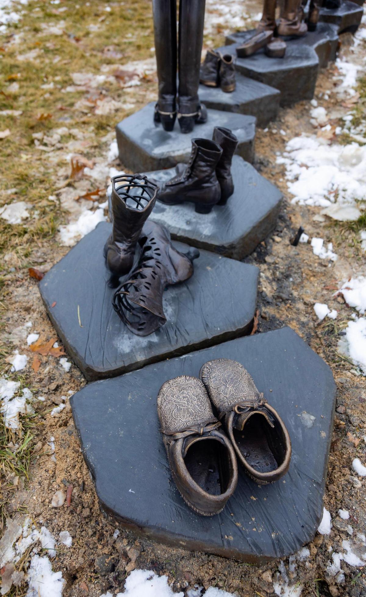 The bronze shoes were scanned and cast by Park Bronze Foundry in Portland. The stones beneath the shoes were provided by the Rock Placing Company of Meridian.