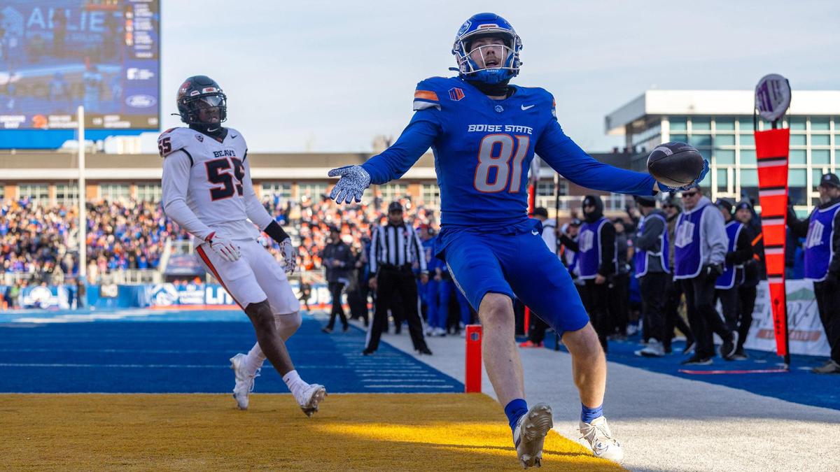 In November 2024, Boise State wide receiver Austin Bolt scores celebrates a touchdown against Oregon State.