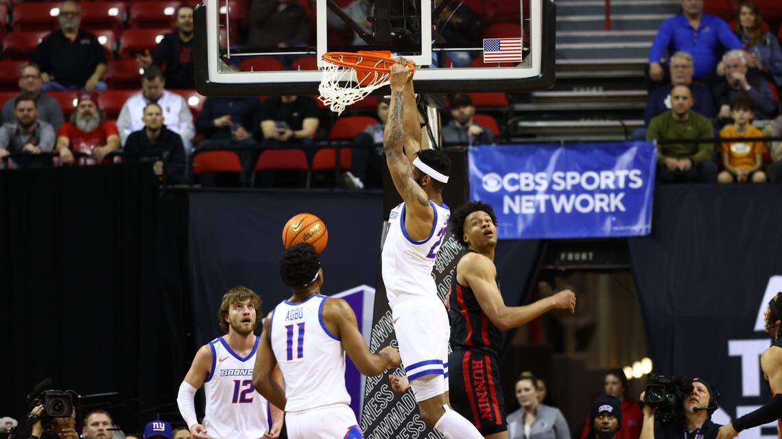 Naje Smith goes up for a dunk in the first half of Boise State’s Mountain West Tournament quarterfinal against UNLV on Thursday at the Thomas & Mack Center in Las Vegas. The Broncos won 87-76 in overtime.