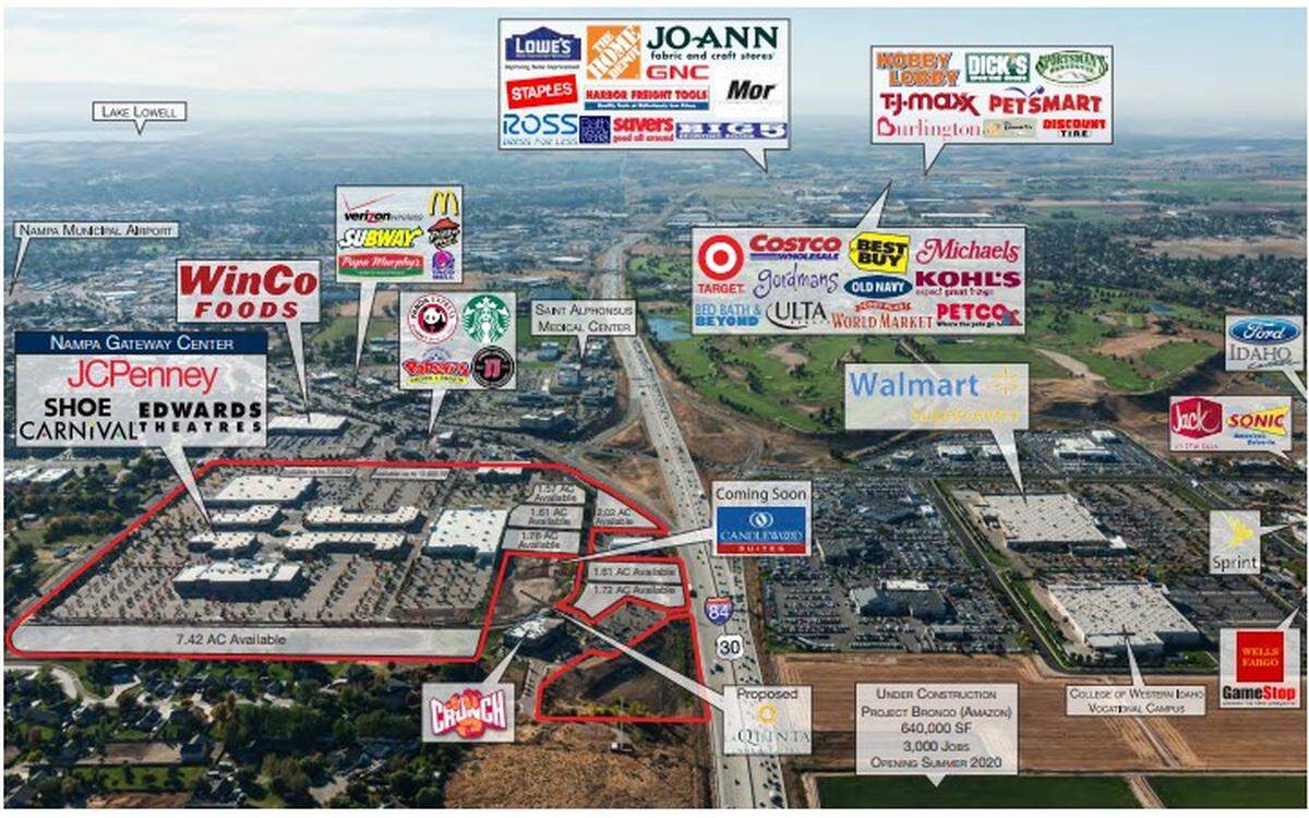 The Nampa Gateway Center is outlined at left in this annotated aerial image looking west. The image is included in a sales flyer by RCG Ventures, which owned the shopping center before Gardner Cos. bought it in 2020.