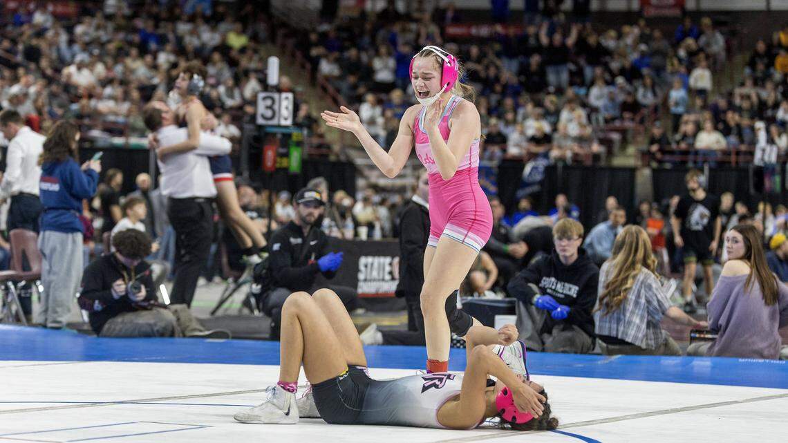 Caldwell's Maritza Medina defeats Thunder Ridge's Tayler Brown in their match at the Idaho state wrestling championships held at the Ford Idaho Center in Nampa, Saturday, Feb. 28, 2026.