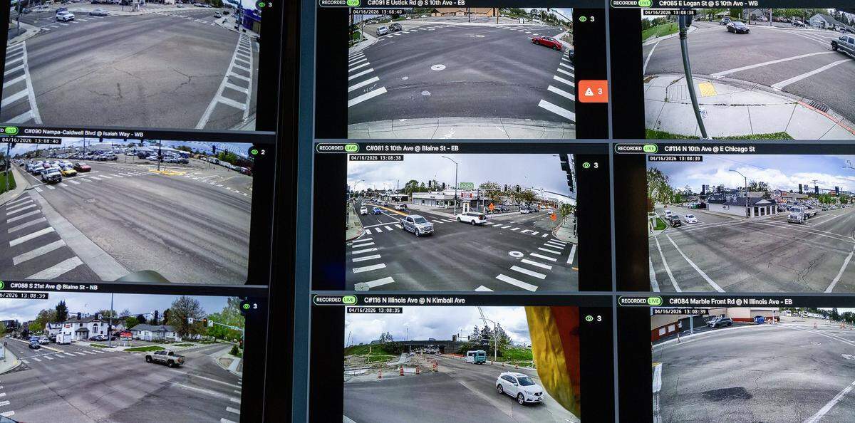 The real-time information center at the Caldwell Police Department utilizes cameras in the city, Thursday, April 16, 2026. The department is using several different AI-based technologies to do things such as write reports, view body camera footage, read license plates and send drones as first responders to emergency calls.