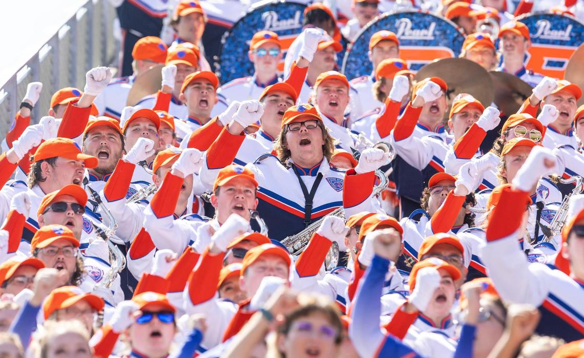The Boise State marching band cheers as the Broncos play Washington at Husky Stadium in Seattle, Saturday, Sept. 2, 2023.
