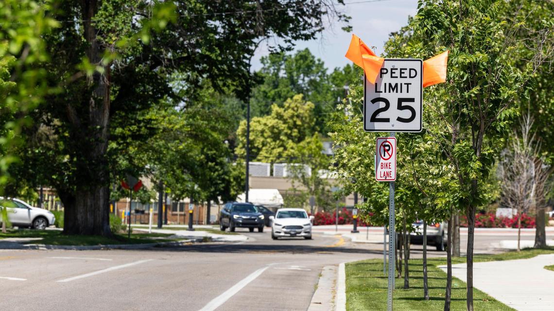 A new speed limit sign of 25 mph is posed on W. Fort Street in Boise, Thursday, June 15, 2023. The speed has been reduced from 30 mph.