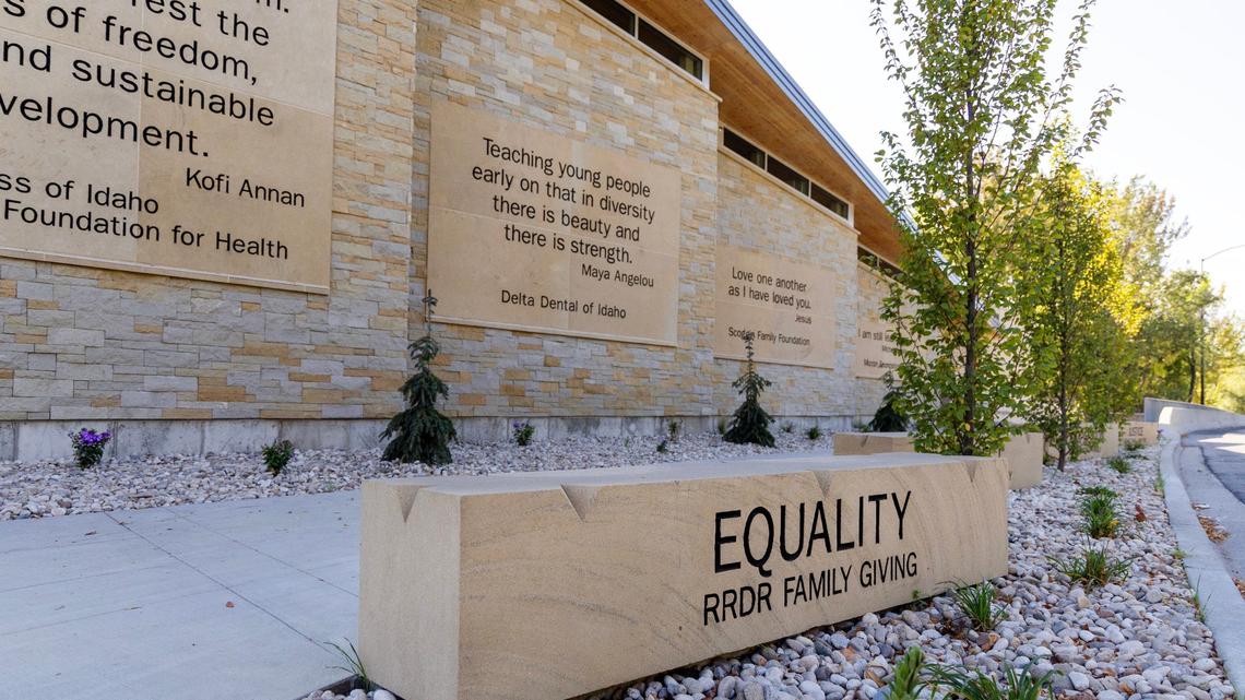 Quotes about human rights are etched on the outside of the Wassmuth Center’s new building.
