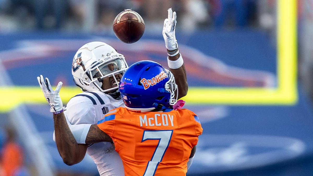 Boise State cornerback A’Marion McCoy defends a pass to Utah State wide receiver Jalen Royals in an early October game at Albertsons Stadium.