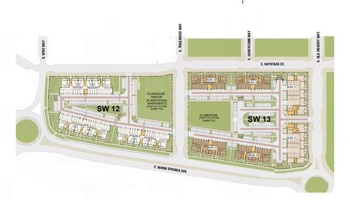 This map shows where the nine planned apartment buildings at Harris Ranch would be located on the north side of East Warm Springs Boulevard.