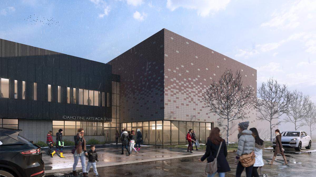 An artist’s rendering of the theater exterior at the planned Idaho Fine Arts Academy at 915 E. Central Drive, near Interstate 84’s Meridian Road exit.