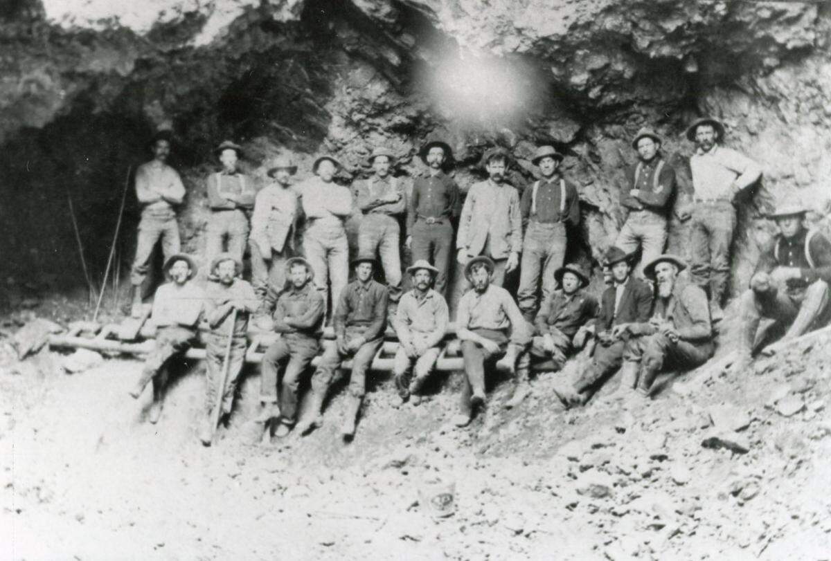 This historic photo (date unknown) shows miners in Roosevelt, Idaho, near the Thunder Mountain gold rush area.