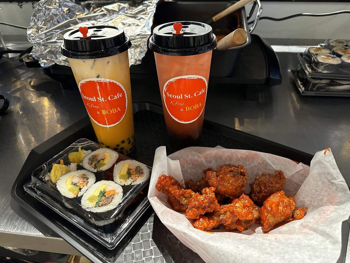 Drinks, from left: Thai tea and strawberry lemonade. Food, from left: kimbap and spicy Korean fried chicken.