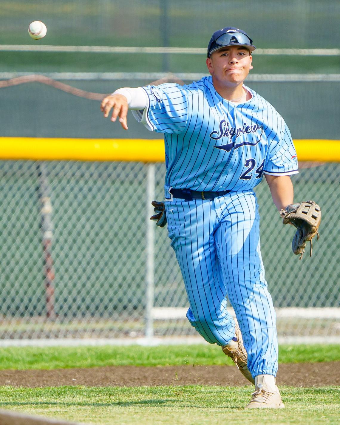 Skyview’s Joe Bernal fires the ball to first base during last year’s 4A state championship game.