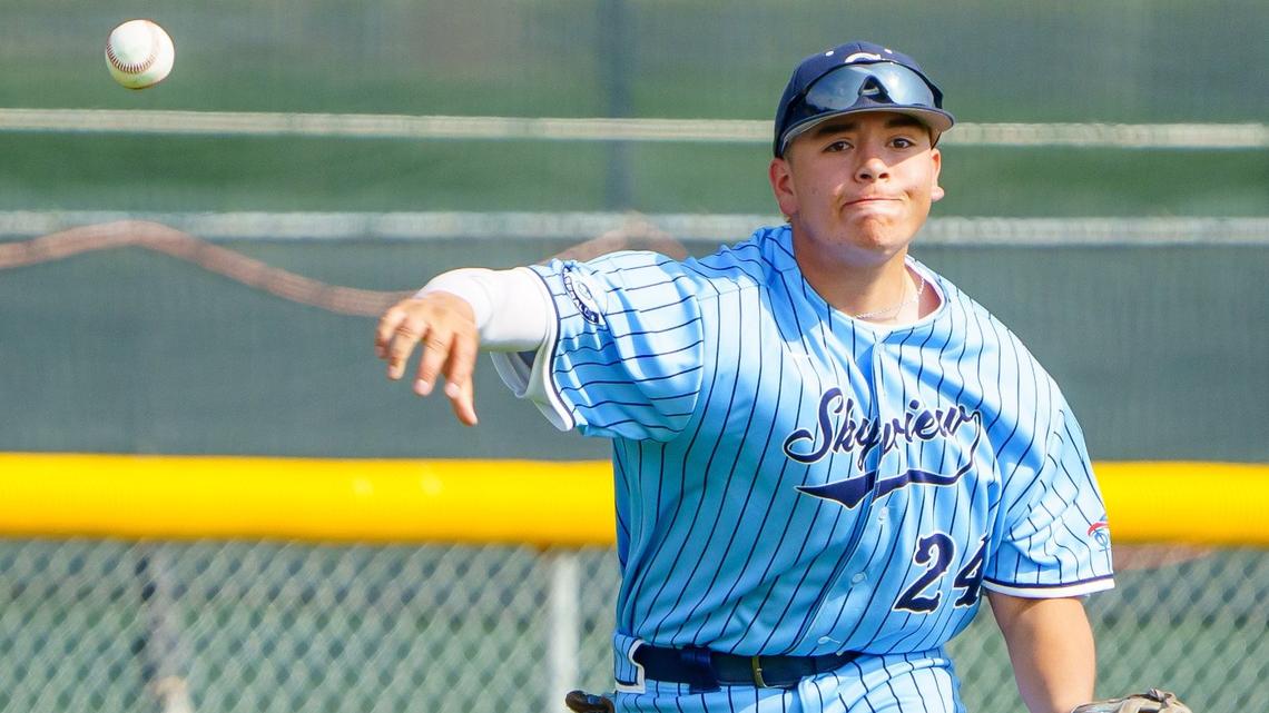 Skyview sophomore Joe Bernal makes a throw to first in the 4A state title game against Pocatello at College of Southern Idaho on Saturday.
