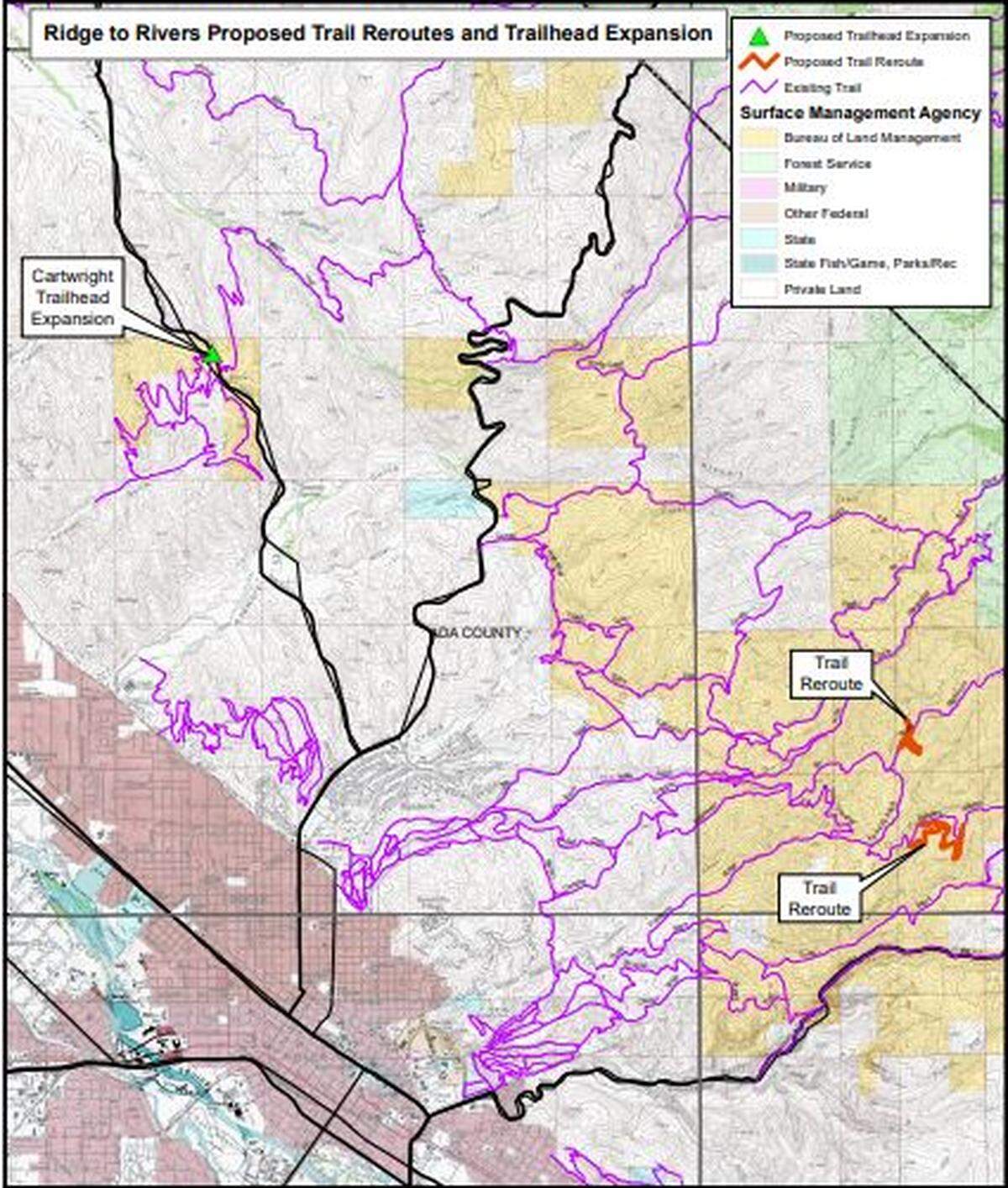The Bureau of Land Management will reroute two Boise Foothills trails over erosion concerns and expand the Cartwright Trailhead as part of construction efforts that will add roughly 12 miles to the Ridge to Rivers trail system.