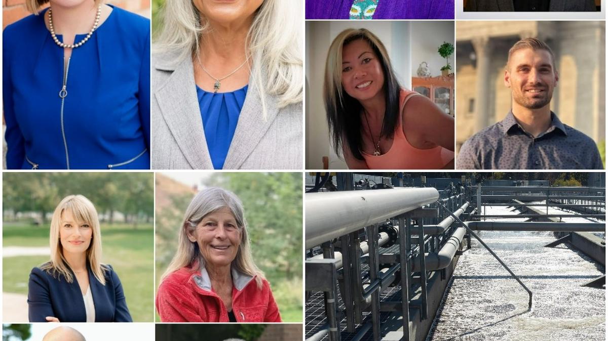 Top left: District 1 candidates, from left, Luci Willits and Laura Metzler. Top right: District 3 candidates, from top left, Lisa Sánchez, Greg MacMillan, Maria Santa Cruz Cernik and Nicholas Domeny. Bottom left: District 5 candidates, from top left, Holli Woodings, Katie Fite, Crispin Gravatt and Steve Madden. Bottom right: The Lander Street Water Renewal Facility.