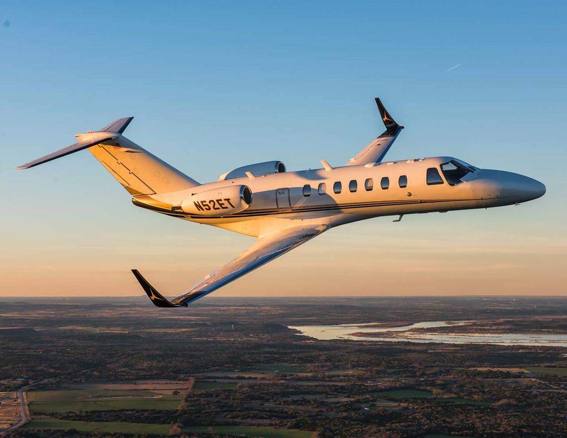 A Tamarack Aero Active Winglet, produced by Sandpoint’s Tamarack Aerospace Group, on the wing tips of a Cessna CJ3 (CitationJet).