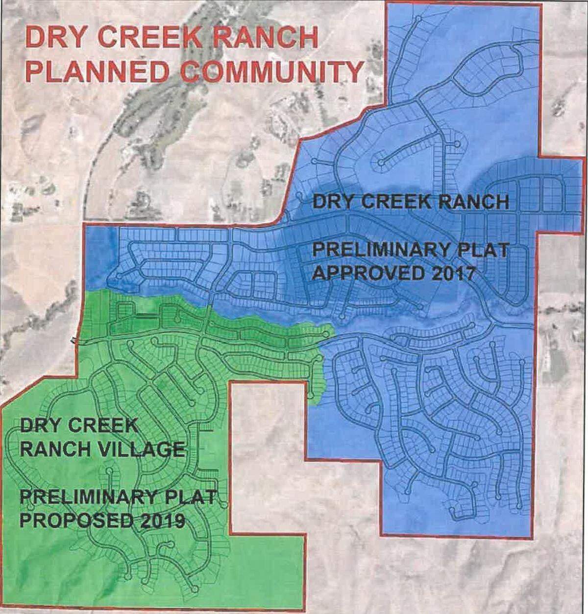 Ada County commissioners on Dec. 4 approved Boise Hunter Homes’ second and final preliminary plat for the Dry Creek Ranch planned community on Idaho 55 and Dry Creek Road north of Boise. The newly approved plat is shown in green. It will support 652 houses and 28 multifamily units.