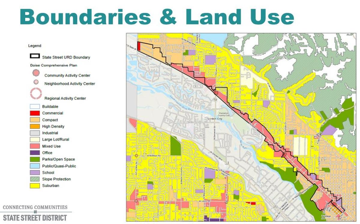 The new urban renewal district would extend six miles along State Street, bounded by Horseshoe Bend Road and the city of Eagle to the northwest and 27th Street on the southeast and the Eagle boundary in the southwest. It would not include the Garden City side of the street, which encompasses the southern half between Catalpa Drive intersection and the Eagle border.